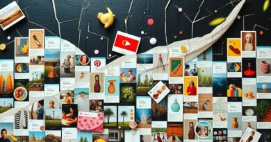 Rozkładająca się tablica Pinterest zalewana niskiej jakości treściami AI, symbolizująca utratę autentyczności platformy.