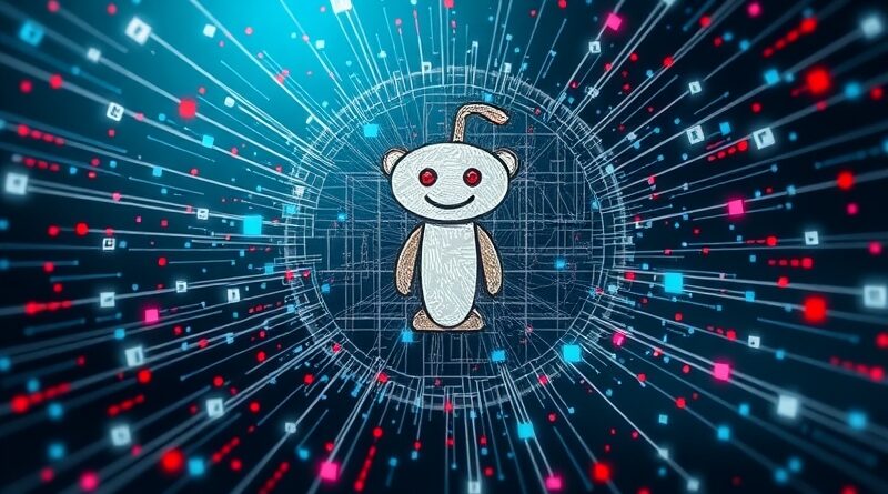 Reddit w rozsypce. Logo platformy pochłaniane przez chaos danych, symbolizujące falę treści AI zagrażających autentyczności.