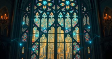 Witraż: połączenie gotyku i obwodów drukowanych, symbolizujące sztuczną inteligencję w duszpasterstwie.