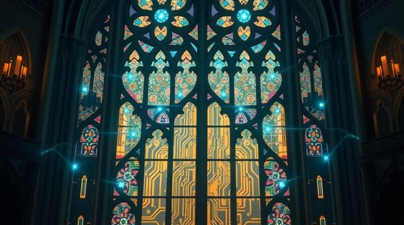 Witraż: połączenie gotyku i obwodów drukowanych, symbolizujące sztuczną inteligencję w duszpasterstwie.