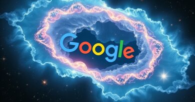 Kosmiczna nebula Google symbolizująca dominację w AI, gasząca słabsze konstelacje konkurencji. Potęga, tajemnica i ogrom danych.