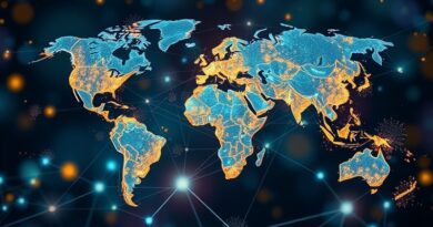 Abstrakcyjna sieć internetowa z pulsującymi węzłami AI, przypominająca zorzę polarną, symbolizuje rosnący ruch botów.