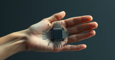 Ręka spleciona z układem scalonym formującym papier, kamień, nożyce. Technologia przewidywania ruchów w grze.