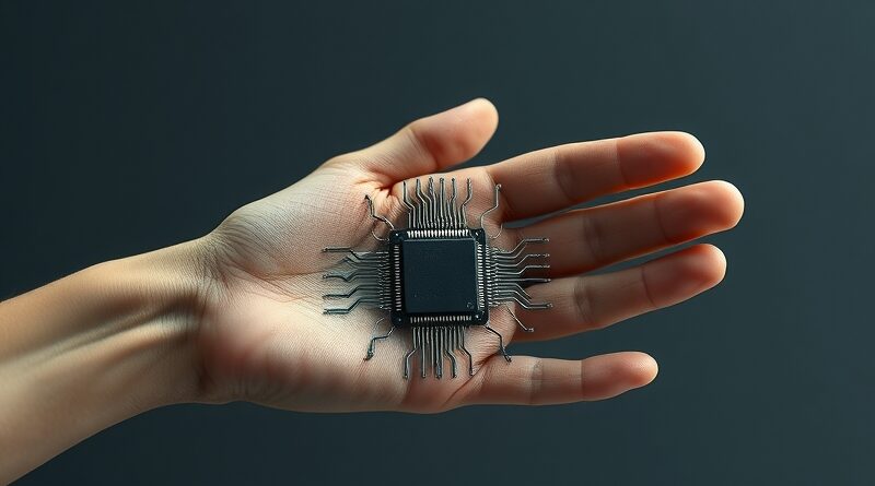 Ręka spleciona z układem scalonym formującym papier, kamień, nożyce. Technologia przewidywania ruchów w grze.