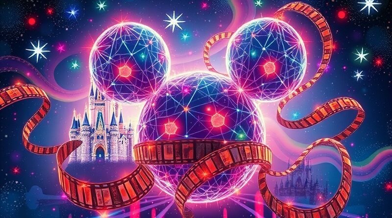 Stylizowana sieć neuronowa w kształcie uszu Myszki Miki spleciona z taśmami filmowymi na tle abstrakcyjnej galaktyki Disneya.