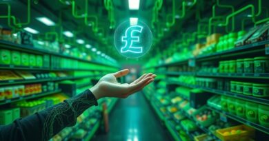 Sieć alejek sklepowych jako ścieżki neuronowe, kobieta z kodu sięga po hologram funta.