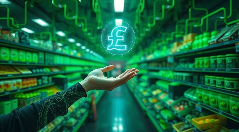 Sieć alejek sklepowych jako ścieżki neuronowe, kobieta z kodu sięga po hologram funta.