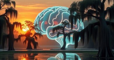 Bioluminescencyjny mózg-centrum danych w Luizjanie, symbol AI Hut 8 wspartego przez Google.