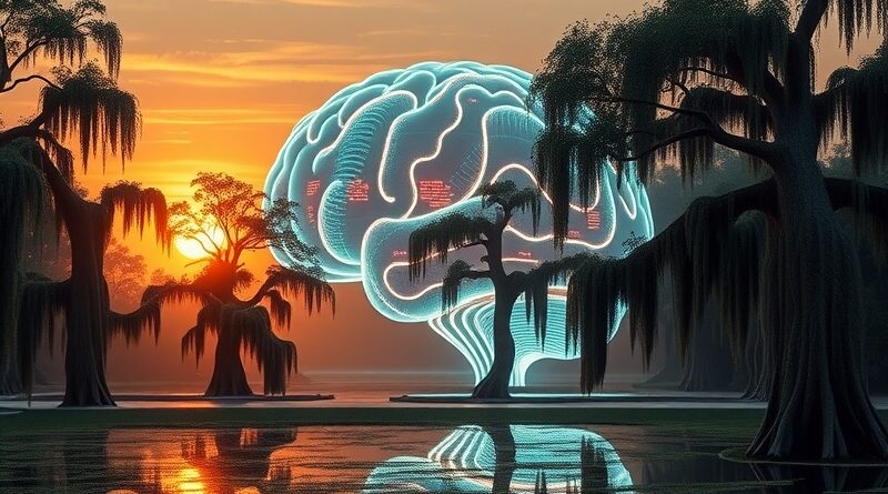 Bioluminescencyjny mózg-centrum danych w Luizjanie, symbol AI Hut 8 wspartego przez Google.