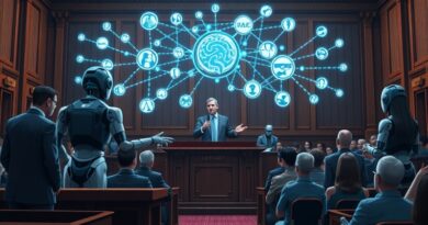 Zrobotyzowani oskarżeni w futurystycznym sądzie, z hologramami algorytmów i zaniepokojoną publicznością - starcie AI z prawem.