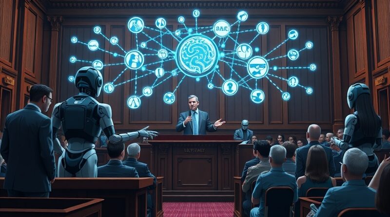 Zrobotyzowani oskarżeni w futurystycznym sądzie, z hologramami algorytmów i zaniepokojoną publicznością - starcie AI z prawem.