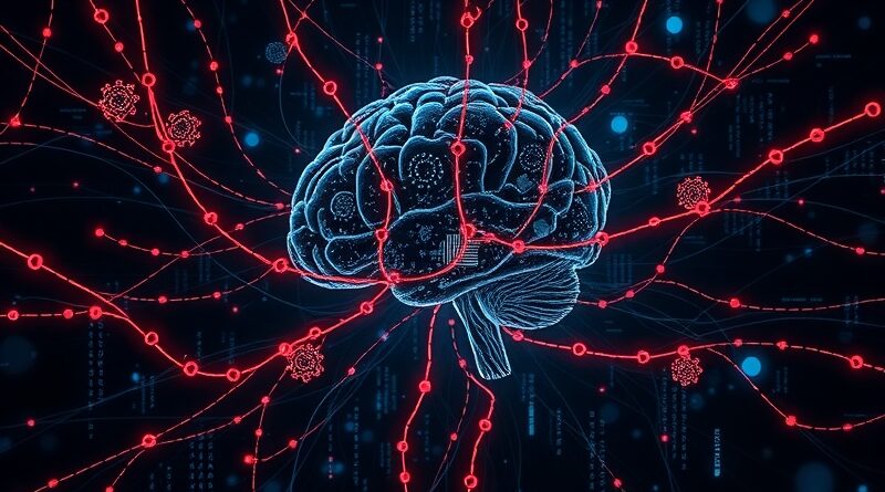 Sieć neuronowa połączona z fragmentami kodu, zasilająca złowrogi rdzeń AI. Cyberprzestępczość, vibe hacking.