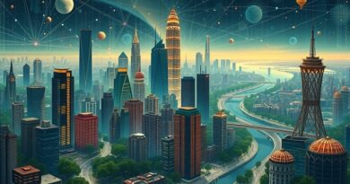 Futurystyczne miasto splatające się z sieciami neuronowymi, symbolizujące rewolucję AI i nowe platformy.