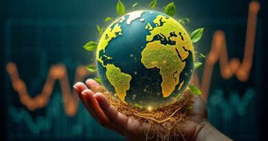 Świecący glob z kodów i korzeni na tle wykresu finansowego, symbolizujący zrównoważony rozwój gospodarczy, społeczny i planetarny.