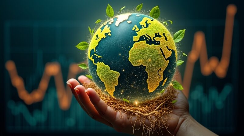 Świecący glob z kodów i korzeni na tle wykresu finansowego, symbolizujący zrównoważony rozwój gospodarczy, społeczny i planetarny.