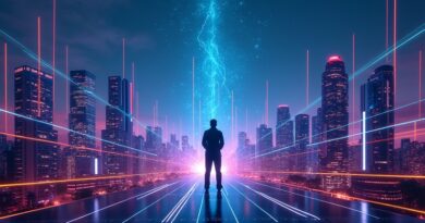 Abstrakcyjna, futurystyczna panorama miasta nocą, symbolizująca AI w komputerach z procesorem AMD Ryzen AI 400.