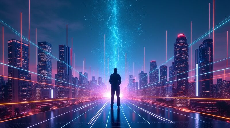 Abstrakcyjna, futurystyczna panorama miasta nocą, symbolizująca AI w komputerach z procesorem AMD Ryzen AI 400.