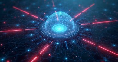 Abstrakcyjna cyfrowa forteca chroniąca rdzeń AI przed atakami laserowymi, symbol odporności systemów sztucznej inteligencji.
