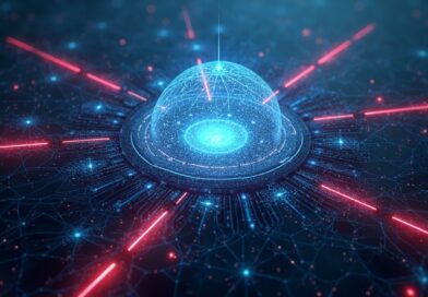 Abstrakcyjna cyfrowa forteca chroniąca rdzeń AI przed atakami laserowymi, symbol odporności systemów sztucznej inteligencji.