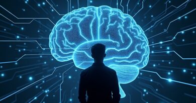 Cyfrowy mózg z siecią danych i człowiekiem nadzorującym, symbolizujący transakcyjną AI z nadzorem.