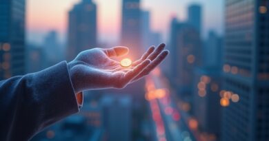 Translucentna, cyfrowa postać wyciąga pomocną dłoń do monety na tle miejskiego krajobrazu i wykresów finansowych.