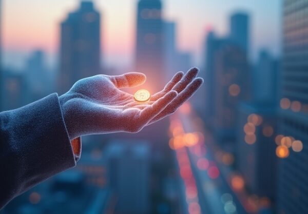 Translucentna, cyfrowa postać wyciąga pomocną dłoń do monety na tle miejskiego krajobrazu i wykresów finansowych.