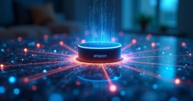 Futurystyczna Alexa w sieci: Ikona w centrum świetlistych połączeń, symbol integracji ze smart urządzeniami.