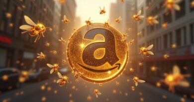 Złote pszczoły układają logo Amazona wokół futurystycznego urządzenia AI w cyberpunkowym mieście.