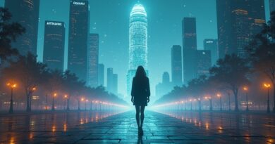 Kobieta na rozdrożu między futurystycznymi siedzibami OpenAI i Anthropic, symbolizująca decyzję o bezpieczeństwie AI.