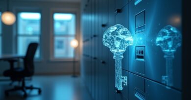 Translucentny klucz z danych odblokowuje futurystyczną szafę w minimalistycznym biurze. AI w służbie pracy biurowej.