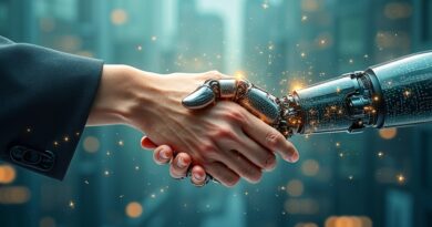 Uścisk dłoni człowieka i robota, płynnie łączący Allianz i Anthropic w erze AI.