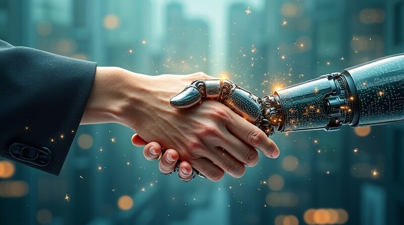Uścisk dłoni człowieka i robota, płynnie łączący Allianz i Anthropic w erze AI.