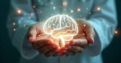 Świecący mózg z sieci neuronowych w dłoniach, symbole medyczne w tle. AI w służbie zdrowia.