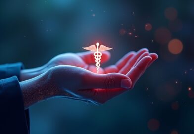 Świecąca dłoń z sieci neuronowej trzyma symbol medycyny na tle futurystycznego interfejsu.