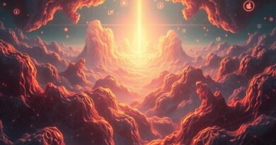 Surrealistyczny krajobraz dezinformacji ery AI, fragmentaryczne dane, fałszywe obrazy, poszukiwanie prawdy.