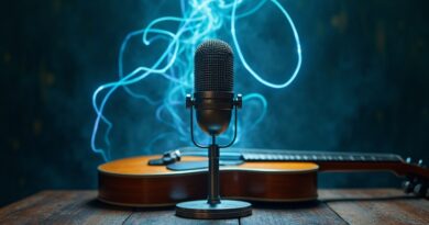 Acoustic guitar revealing itself from abstract AI light; dark, painterly background symbolizes human art.