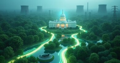 Energetyka przyszłości: sieć danych napędza zieloną energię. Symboliczny Biały Dom w tle.