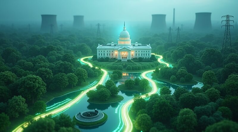 Energetyka przyszłości: sieć danych napędza zieloną energię. Symboliczny Biały Dom w tle.