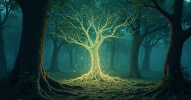 Cyfrowy las: fuzja natury i technologii. Drzewa-płyty główne, świetliki-dane. Innowacja, moc, piękno.