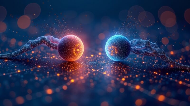 Abstrakcyjna wizualizacja agentów AI negocjujących kalendarz, cyfrowa elegancja, futurystyczne detale, niebiesko-złota paleta.