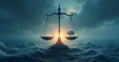 Delikatna waga sprawiedliwości nad cyfrowym oceanem danych. AI kontra niezależna kontrola, złota nić równowagi.