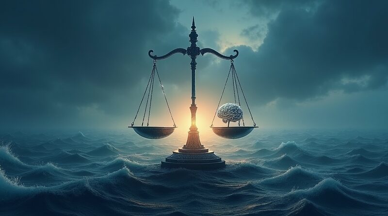 Delikatna waga sprawiedliwości nad cyfrowym oceanem danych. AI kontra niezależna kontrola, złota nić równowagi.