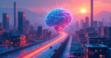 Abstrakcyjna, futurystyczna panorama miasta o świcie, pulsująca siecią AI integrującej architekturę, fabryki i transport.