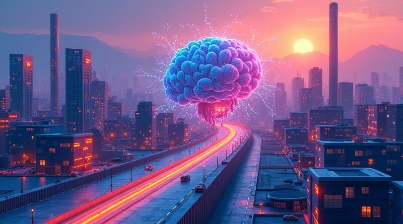Abstrakcyjna, futurystyczna panorama miasta o świcie, pulsująca siecią AI integrującej architekturę, fabryki i transport.