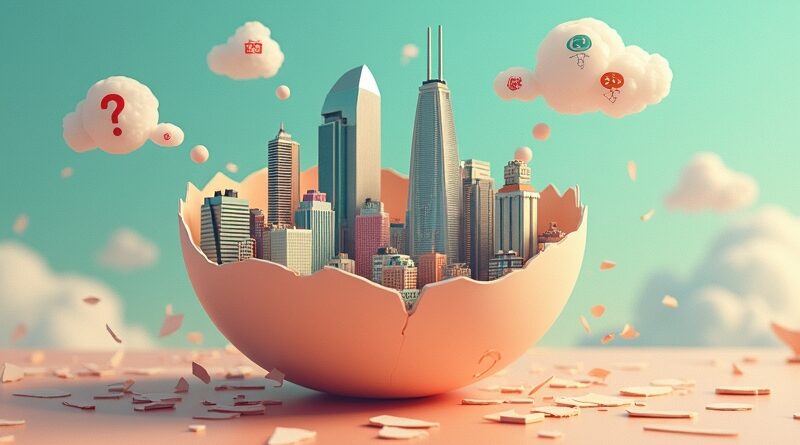 Futurystyczne miasto wyłania się z pękniętej skorupki jaja, otoczone ikonami AI i robotyki.