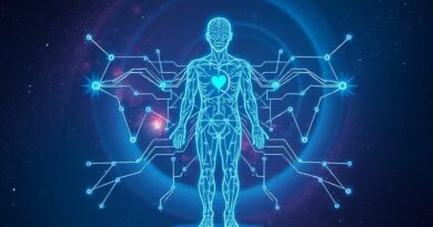 Świecąca sieć obwodów tworzy sylwetkę człowieka na tle galaktyki, symbolizując AI w spersonalizowanej medycynie.