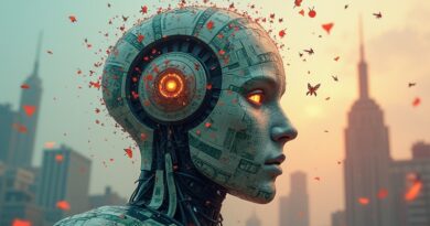 Robot AI uformowany z mozaiki podartych banknotów dolarowych, otoczony reklamami na tle utopijno-dystopijnego miasta.