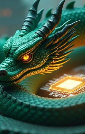 Chiński smok strzegący futurystycznego mikrochipa, symbolizujący kontrolę Chin nad technologią AI w tle cyfrowego krajobrazu.