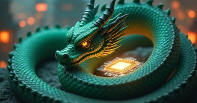 Chiński smok strzegący futurystycznego mikrochipa, symbolizujący kontrolę Chin nad technologią AI w tle cyfrowego krajobrazu.