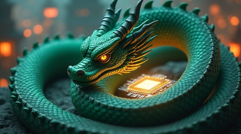 Chiński smok strzegący futurystycznego mikrochipa, symbolizujący kontrolę Chin nad technologią AI w tle cyfrowego krajobrazu.